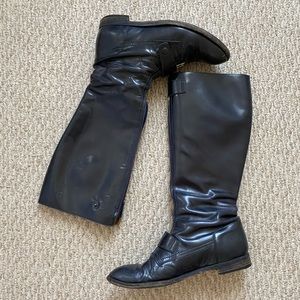 YVES SAINT LAURENT YSL NAVY BLUE LEATHER RIDING BOOTS VINTAGE FRONT ZIPPER